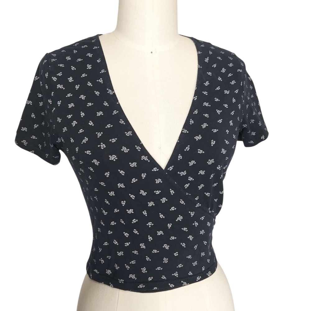 Navy Brandy Melville Girls Floral V-Neck Top